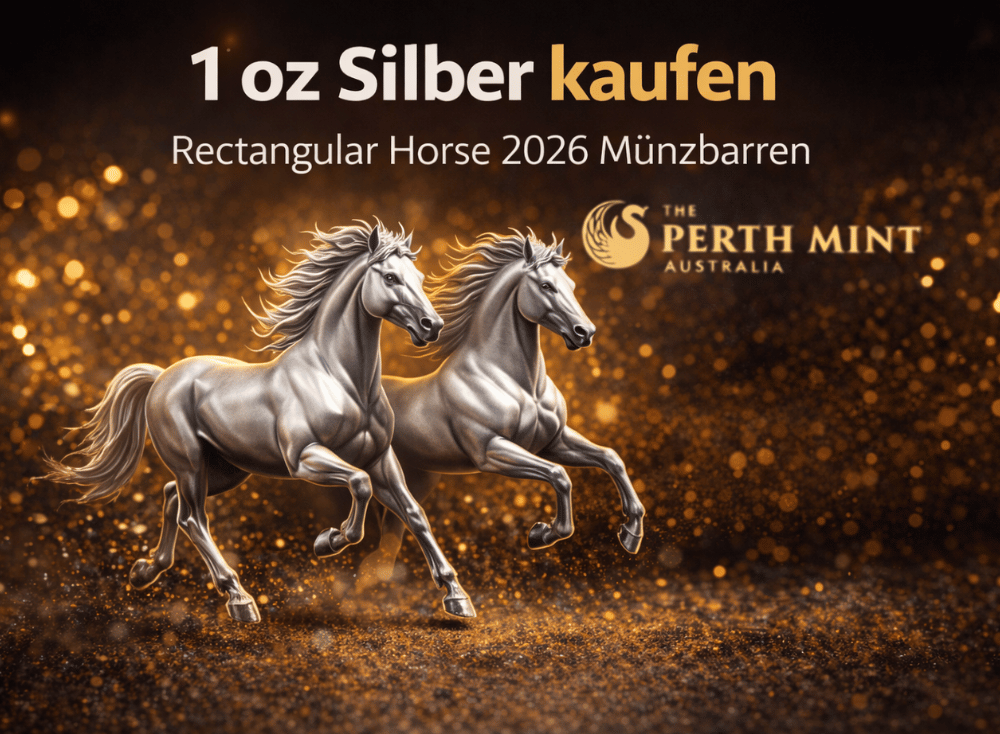 Silberne Pferde galoppieren über eine goldenen Boden. Als Überschrift steht 1 oz Silber kaufen - Rectangular Horse 2026 Münzbarren. Darunter ist das Logo der Prägestätte The Perth Mint Australia abgebildet.